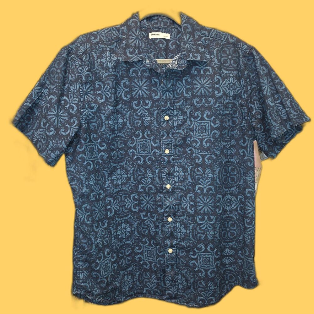 Sonoma Goods For Life Mens L Short Sleeve Button Down Shirt Indigo Tile Floral